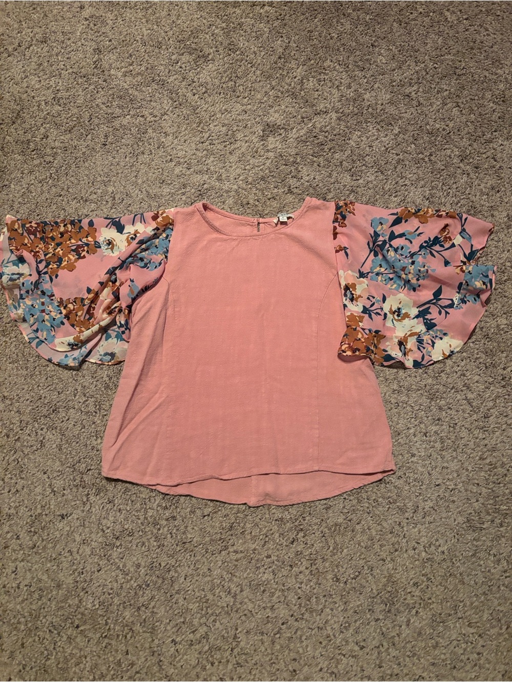 Umgee Pink Blouse with Floral Flutter Sleeves